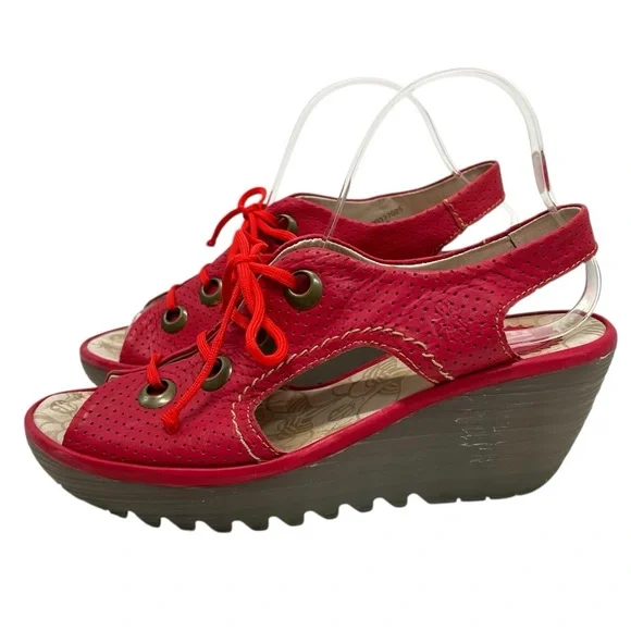 Fly London Ylfa Red Leather Lace Up Peep Toe Wedge Sandals Womens 40